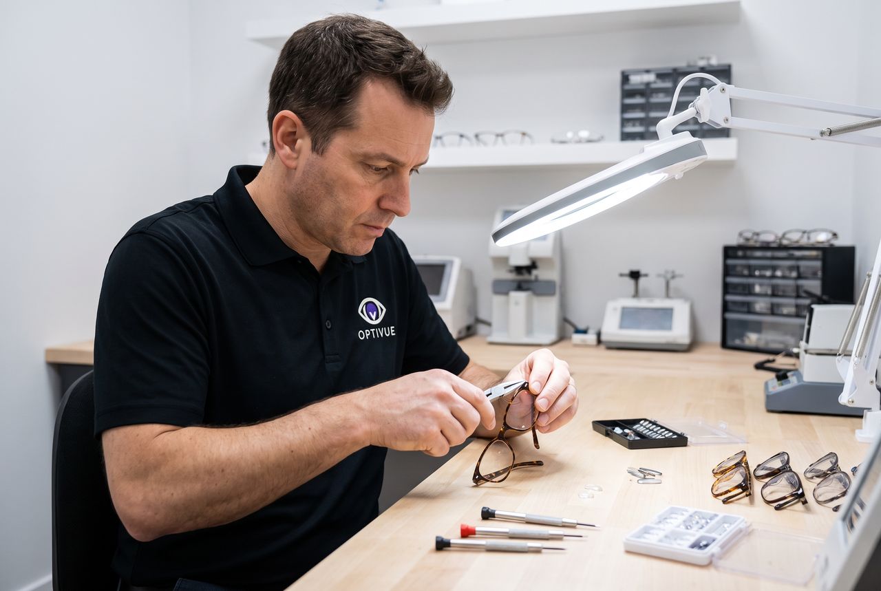 Un opticien ajuste une monture à la main à son établi, sous une lampe d'atelier, entre tournevis et petites pièces