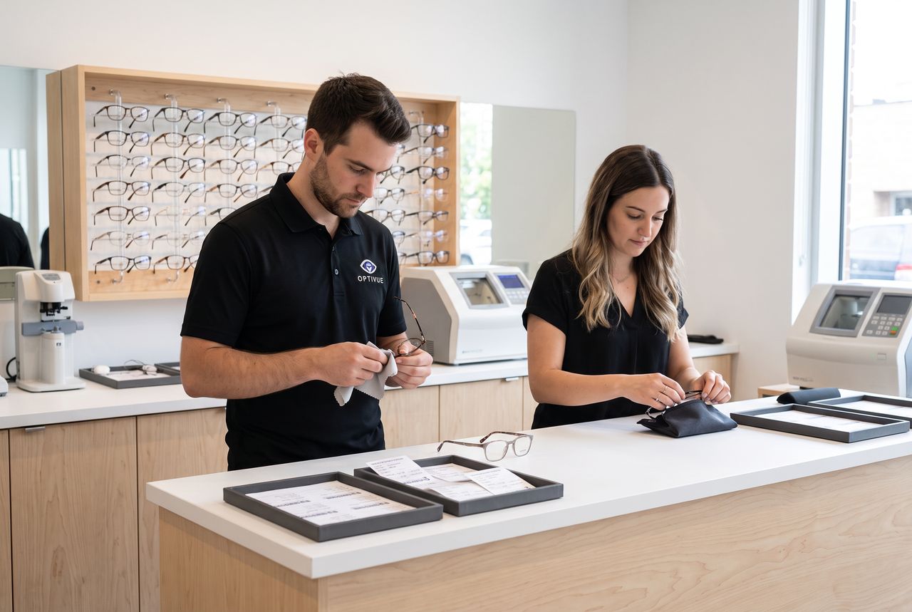 Deux membres de l'équipe nettoient et préparent des lunettes au comptoir de l'atelier avant la remise