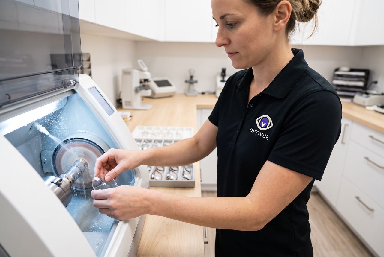 Une technicienne de l'atelier place un verre sur la meuleuse pour le tailler à la forme de la monture
