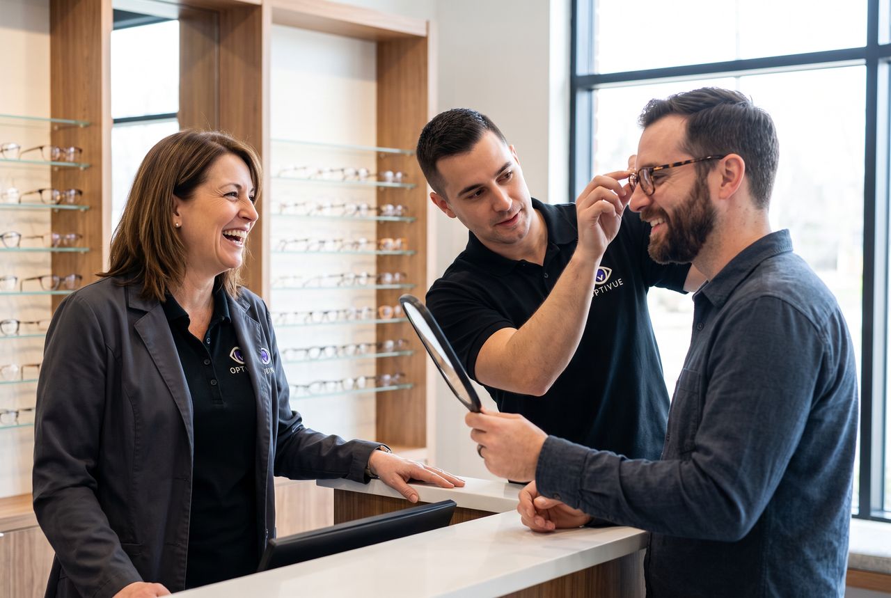 Une opticienne rit pendant qu'un collègue ajuste une monture sur le visage d'un client, devant les présentoirs de la boutique